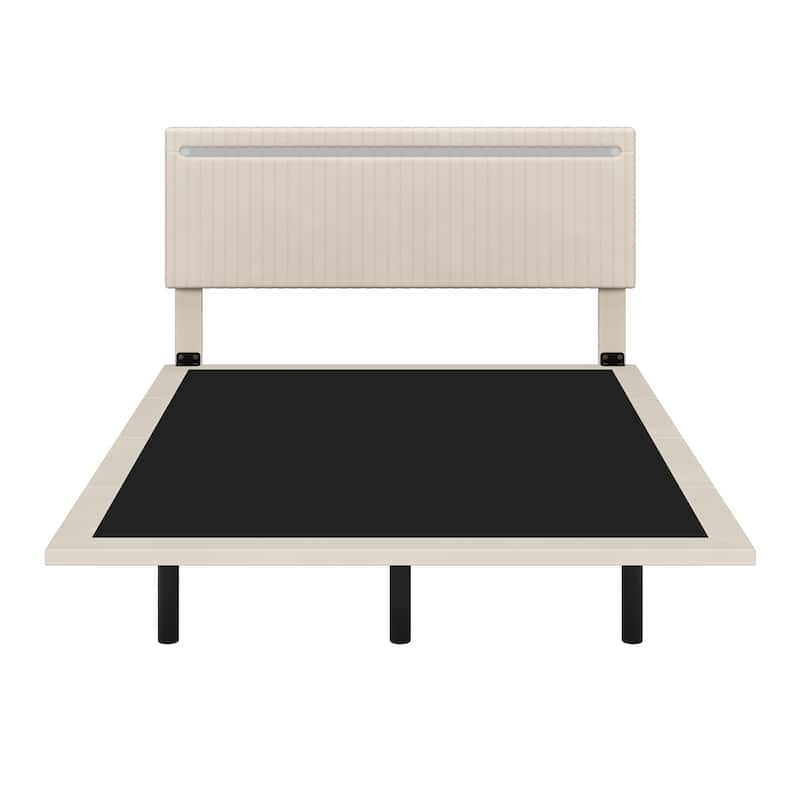 Modern Upholstered Floating Bed Frame with LED Lights, Vertical Channel Design Velvet Fabric Bed,No Box Spring Needed, Full Size