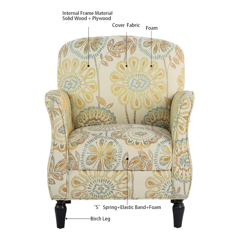 Accent Chair with Wood Legs & Flared Arms, Floral Upholstered Armchair, Leisure Single Sofa Chair for Living Room/Bedroom