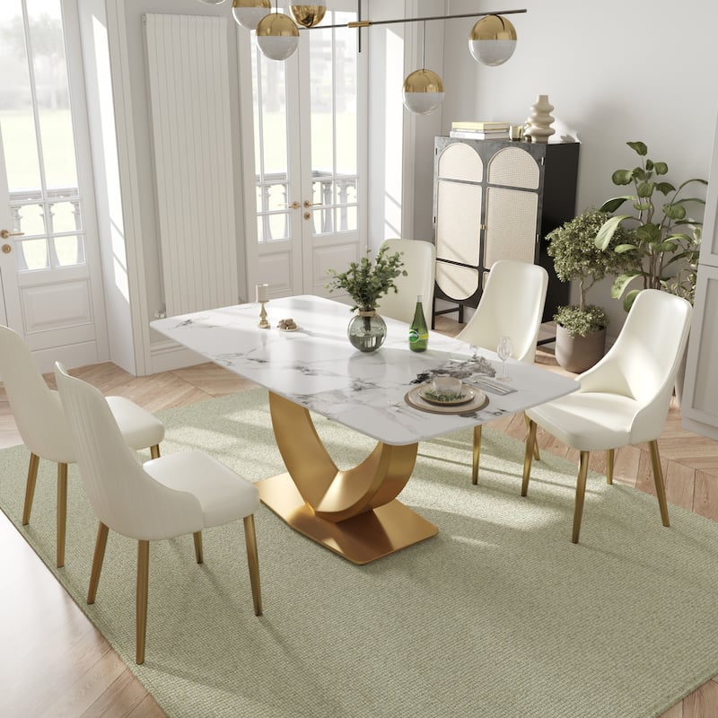 Modern Rectangle Marble Dining Table for 6-8, Marble Kitchen Dinner Table with Gold Finish Metal Base - White&Black