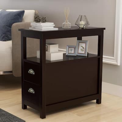 Side Table Living Room Narrow Rustic End Table Bedroom with 2 Drawers and 1 Open Shelf for Small Space - N/A