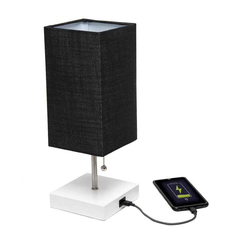 Simple Designs Petite White Stick Lamp with USB Charging Port and Fabric Shade 2 Pack Set - 5 x 5 x 14.25 (L x W x H)