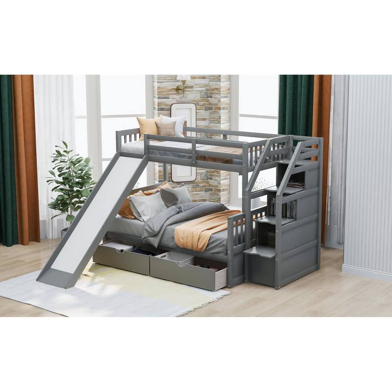 Multifunctional Twin over Full Bunk Bed with Drawers, Storage, and Slide in Gray