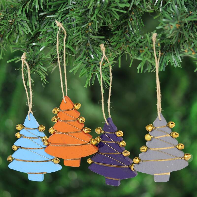 Novica Handmade Tree Jingle Wood Ornaments (Set Of 4) - 3" H x 2.4" W x 0.2" D