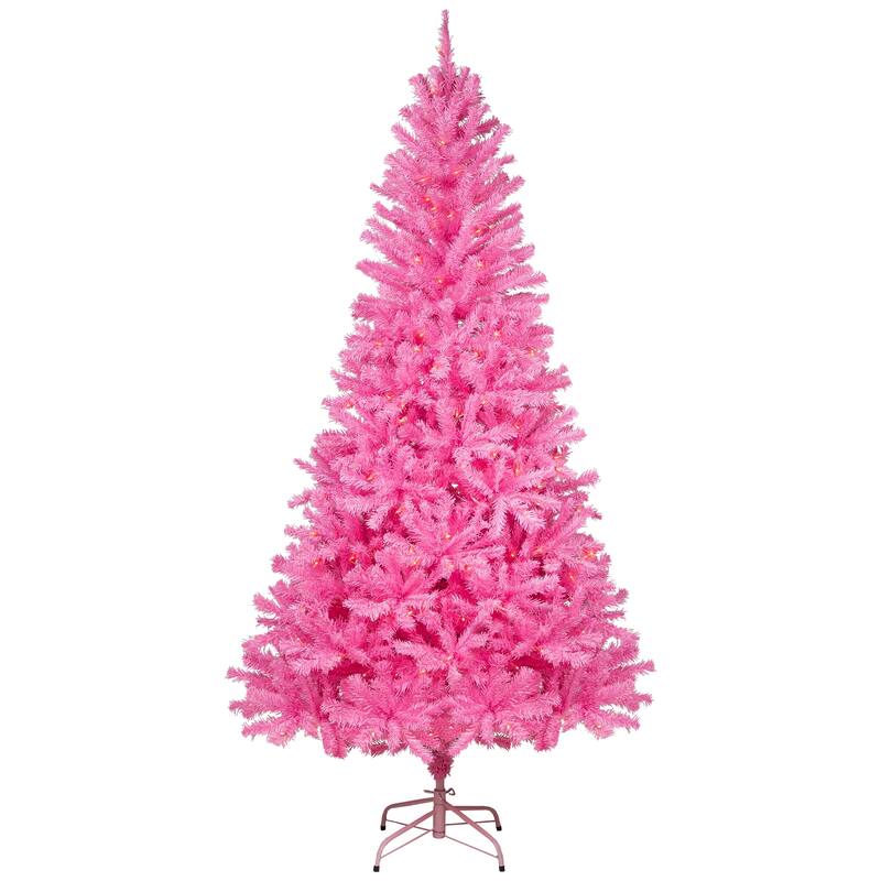 Pre-Lit Medium Artificial Pine Christmas Tree - 7' - Pink - Clear Lights - 7 Foot