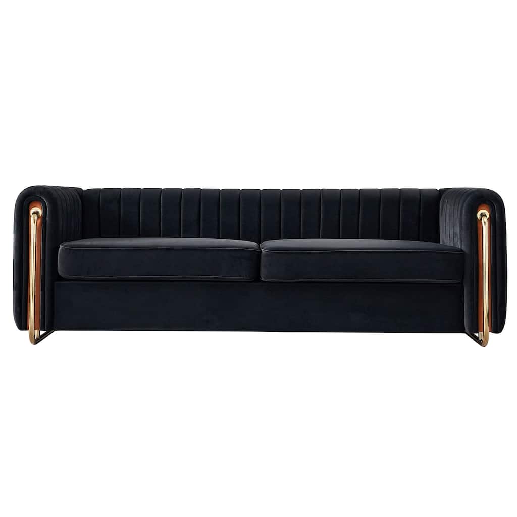 Roomfitters Contemporary Velvet 3-Seater Sofa Couch, Channel-Tufted, Gold Steel Legs