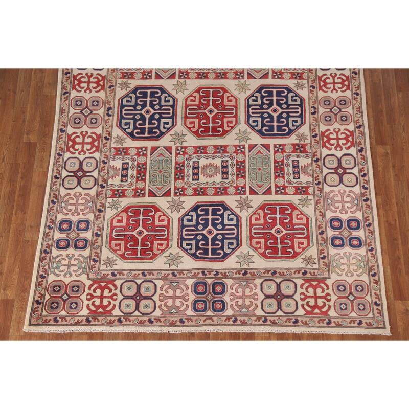 Hand Knotted Oriental 100% Wool Carpet Traditional Geometric Beige & Ivories Kazak Area Rug - 9' 7'' X 6' 7''