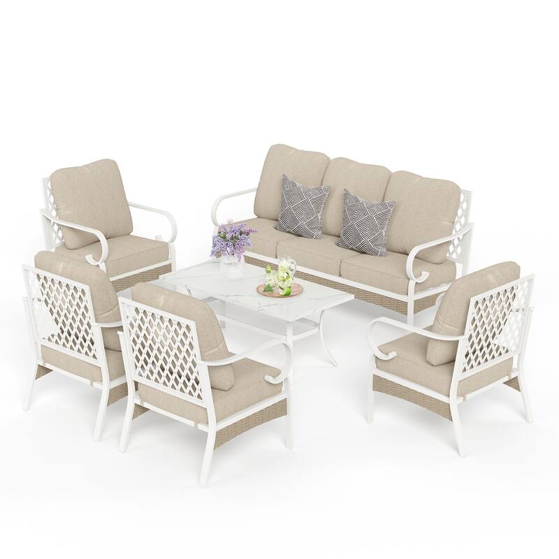 MAISON ARTS 7-Seat Patio Conversation Set, 2/4 x Cushioned Metal Chair, 1 x 2-Seat Sofa,1 x 3-Seat Sofa with Coffee Table - Set 1 - Beige