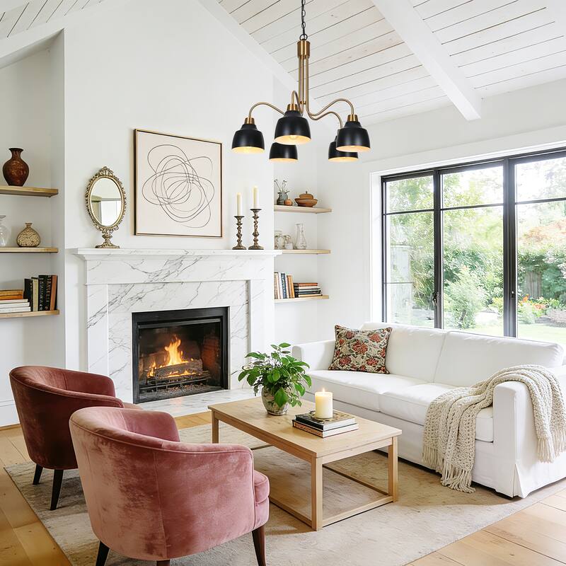 Mid-century Modern 5-Light Wheel Chandelier Black Gold Pendant for Dining Room Bedroom - Dia. 25.2" x H 22.4"