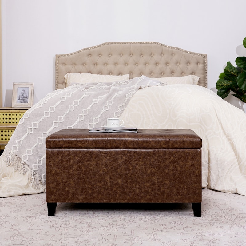 Adeco Rectangular Storage Ottoman Faux Leather Bench Lift-top Footrest