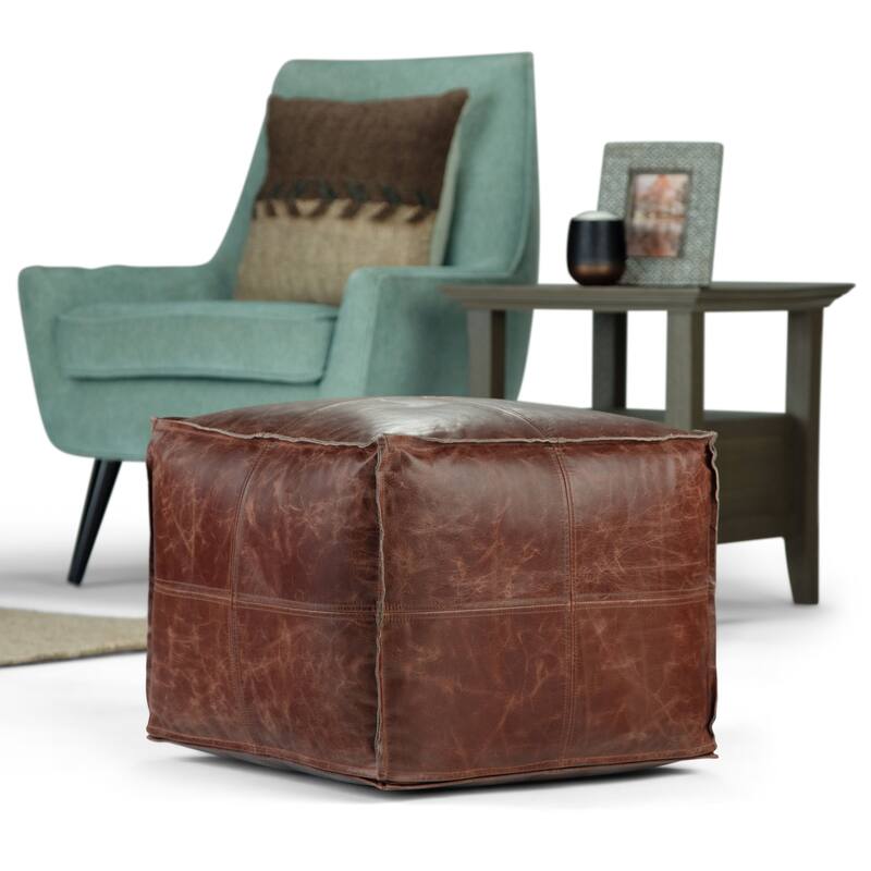 WYNDENHALL Erving Boho Square Pouf in Leather - Brown