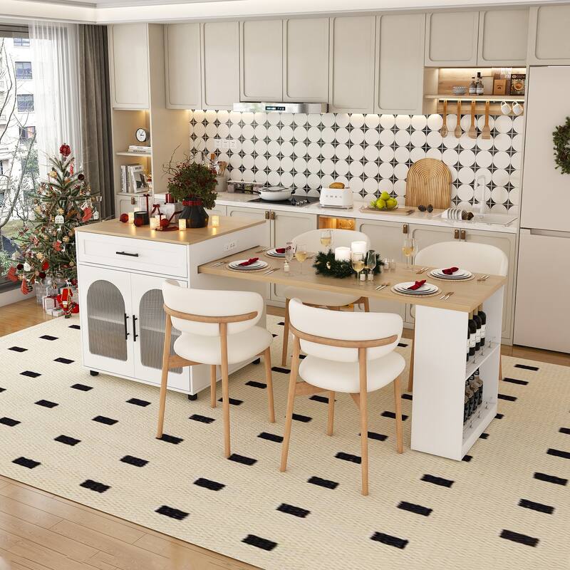 80" Expandable Kitchen Island with Dining Table with Marble-Grain Countertop with Power Outlet - White