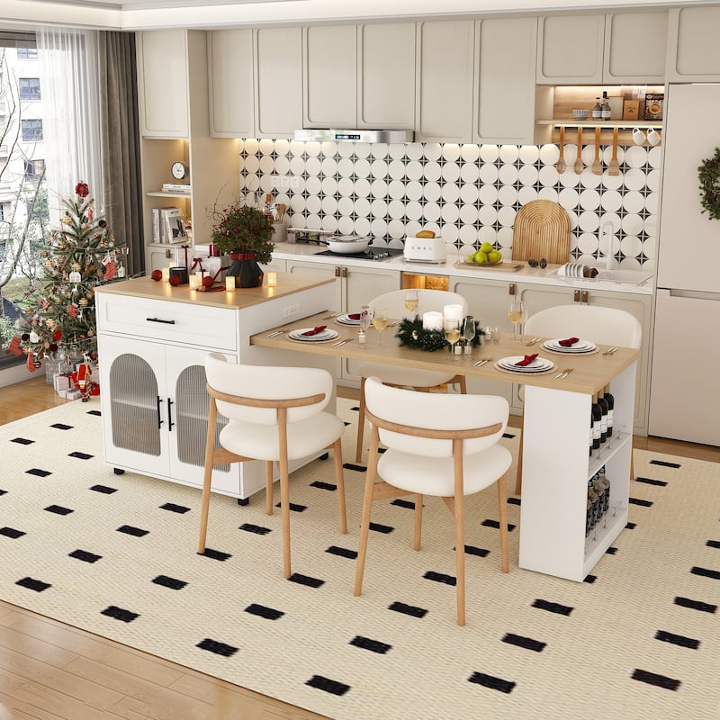 80-inch Expandable Kitchen Island with Dining Table, Marble-Grain Countertop, Mobile Storage Cart with Cabinet & 2 Drawers - White