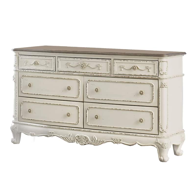 7 Drawer Dresser with Floral Motif Carving Details, Antique White and Brown