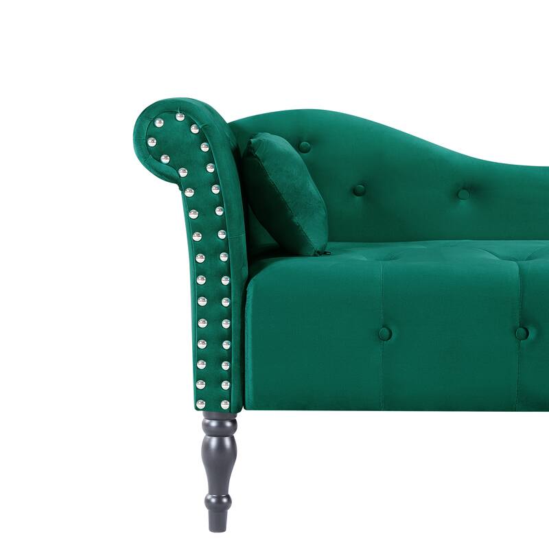 Velvet Chaise Lounge Buttons Tufted Nailhead Trimmed Solid Wood Legs with 1 Pillow(Left Arm Design as Shown in the Picture)