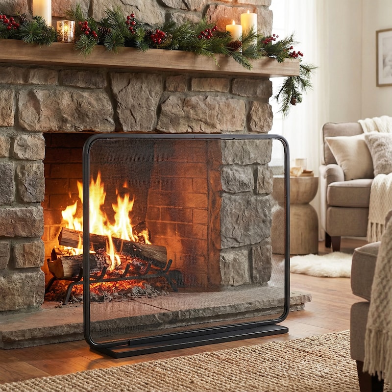 Christopher Knight Home - Tahlia Modern Iron Fireplace Screen with Tall Rectangular Frame - 38" W x 33" H - Black