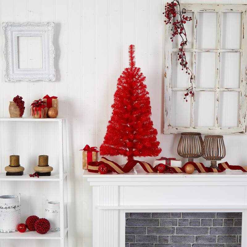 3ft. Red Artificial Christmas Tree with 50 LED Lights & 118 Branches - Bold Festive Holiday X-Mas Accent