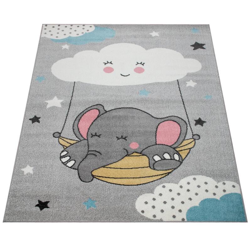 Kids Rug for Nursery with Cute Elephant and Cloud Motif in Grey
