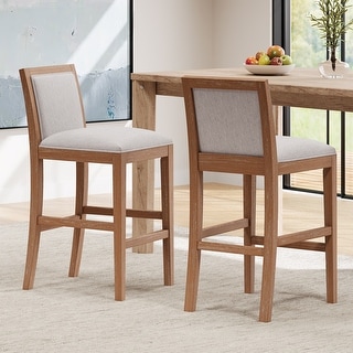 Set of 2 Beige Wood Frame Counter Height Bar Stool Fabric Accent Chair