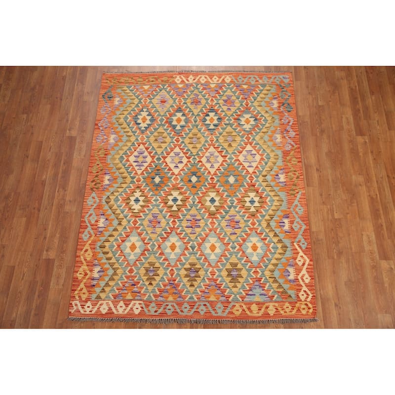 Hand Woven Oriental 100% Wool Carpet Southwestern All-Over Oranges & Rust Kilim Area Rug - 6' 9'' X 5' 3''