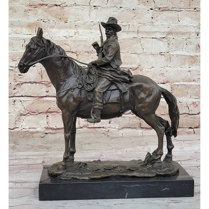 Bronze Remington Tribute Cowboy W/ Rifle Riding Horse Sculpture Statue Marble 12 Inches X 12 Inches