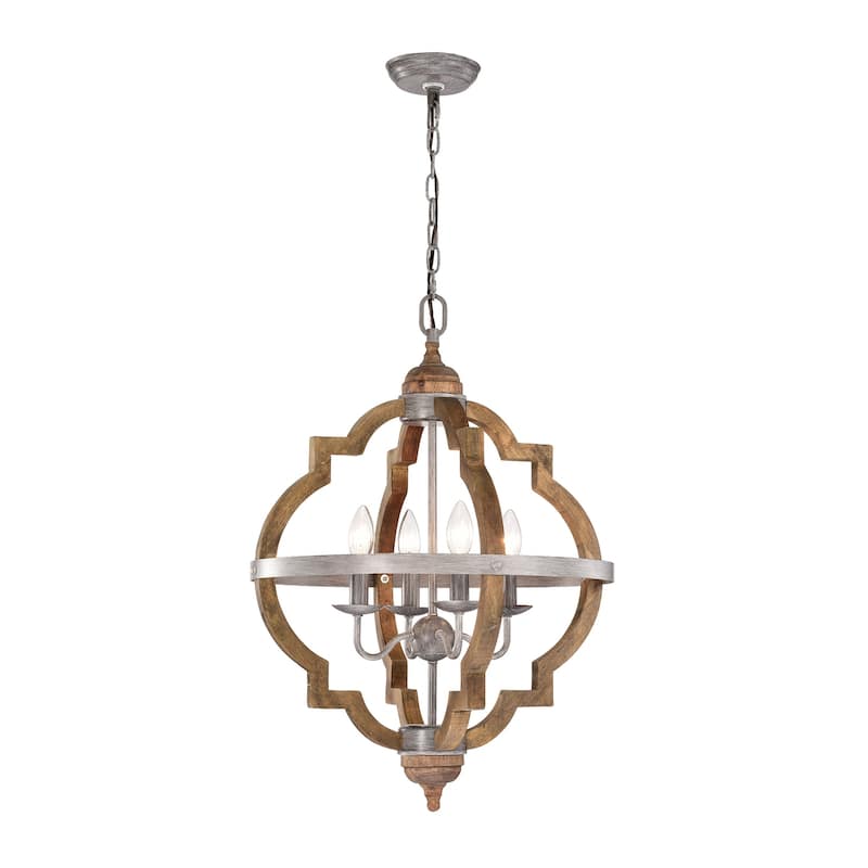 4-Light Wood Cage with Antique Sliver Belt Chandelier Ceiling Fixture - Wood and Antique Sliver