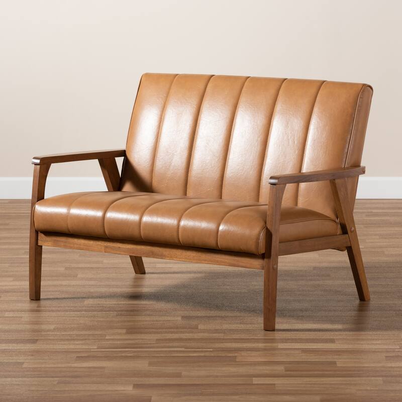 NikkoTan Faux Leather and Walnut Brown finished Wood Loveseat