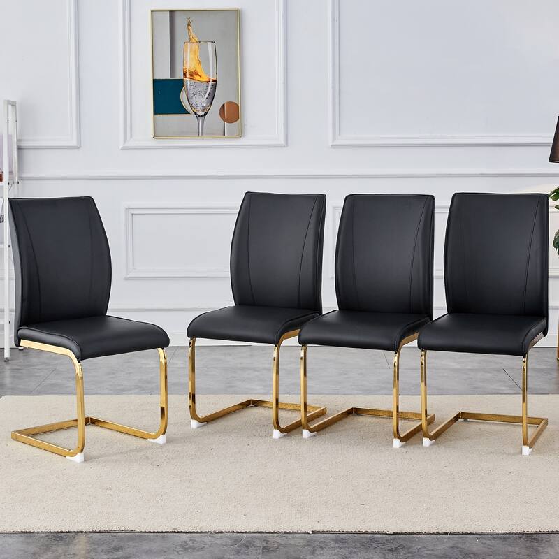 Luxury Simple Arch Chair - Set of 4 BLACK PU Material High Resilience Dining Chair with Arched Metal Gold Leg - Black+Gold