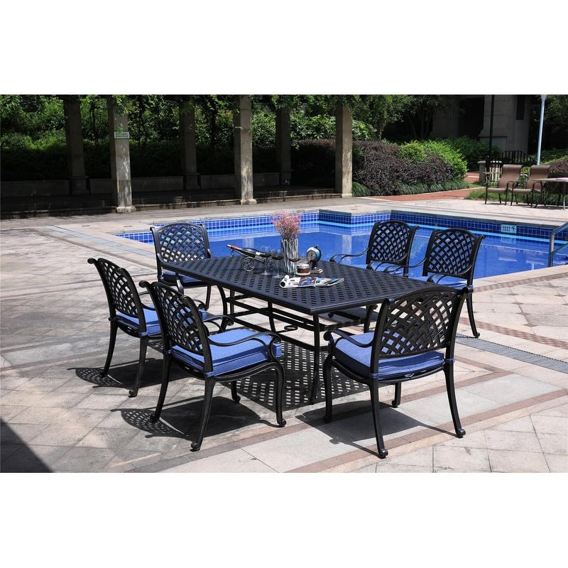 South Ponto 7-piece Aluminum Dining Set by Havenside Home - Dark Lava Bronze/Navy Blue