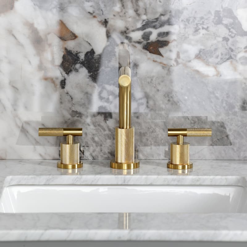 Kingston Brass Convergent Two-Handle 3-Hole Deck Mount Widespread Bathroom Faucet with Knurled Handle and Brass Pop-Up Drain
