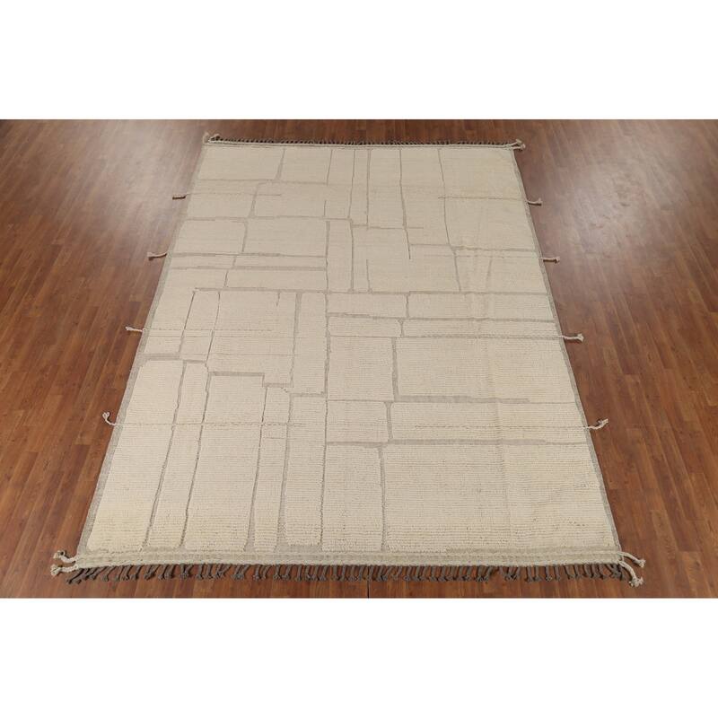 Moroccan Oriental Area Rug Hand-Knotted Abstract Wool Carpet - 8'1"x 10'11"