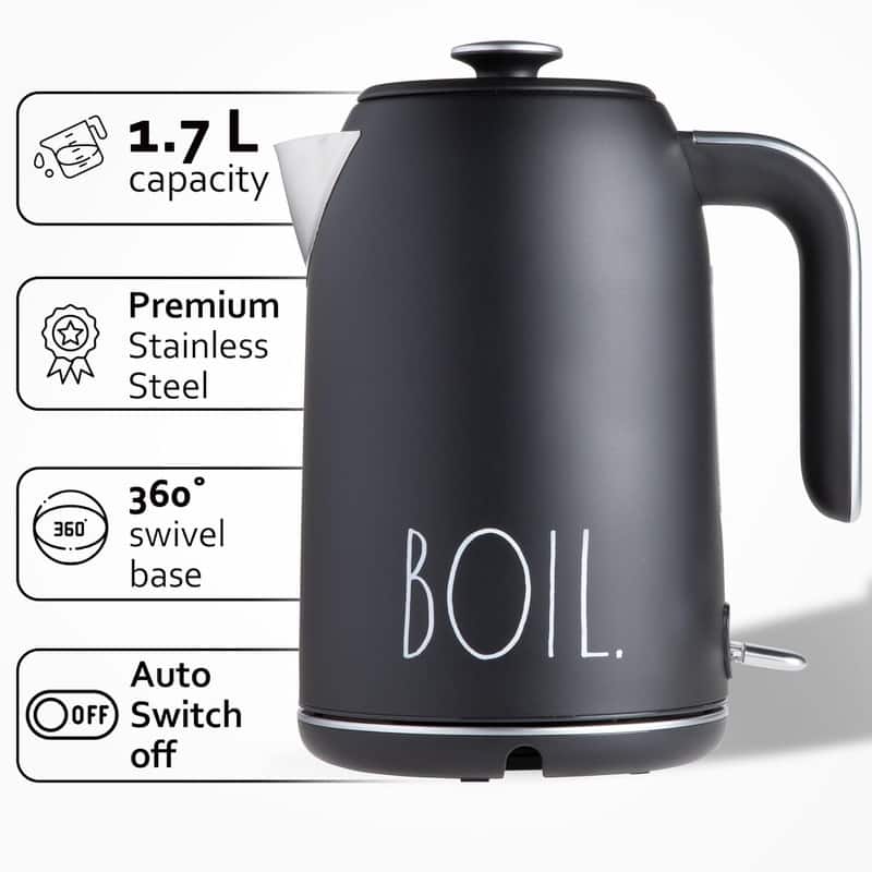 Rae Dunn Electric Hot Water Kettle - Stainless Steel, Swivel Base-Dry Protection, Easy Pour Pitcher, 1.7 Liters