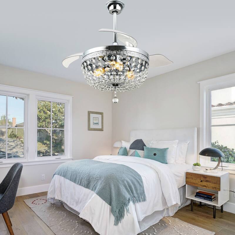 Cusp Barn 42" Crystal Retractable Ceiling Fan with Remote, Modern 6 Speeds Qiuet DC Motor Reversible Ceiling Fan for Bedroom