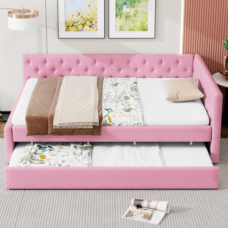 Full XL Size Upholstered Platform Bed Frame with Trundle, Elegant Tufted Button Design and Extra Sleeping Space for Bedroom