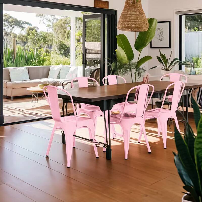 2-Piece Stackable Industrial Dining Chair Set - High Gloss Pink, 18 Inch Seat Height
