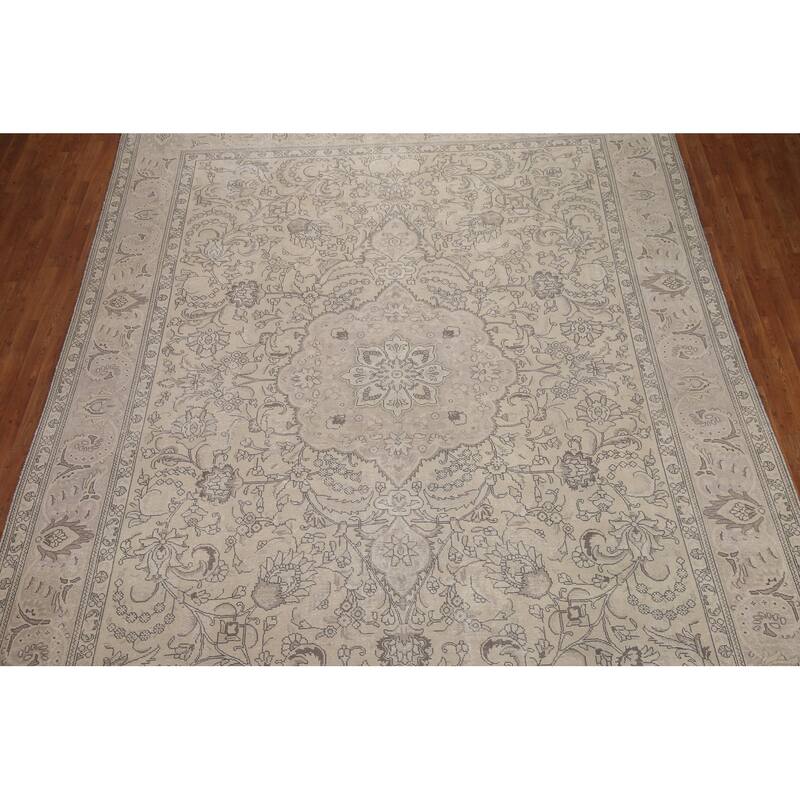 Hand Knotted Oriental 100% Wool Carpet Traditional Floral Beige & Ivories Tabriz Area Rug - 13' 2'' X 9' 10''