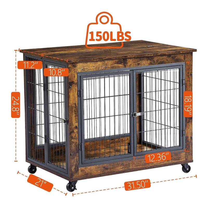 Dog Crate Furniture with Double Doors on Casters