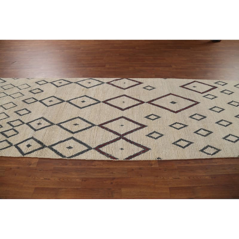 Modern Geometric Moroccan Runner Rug Hand-Knotted Wool Carpet - 3'11"x 11'7"