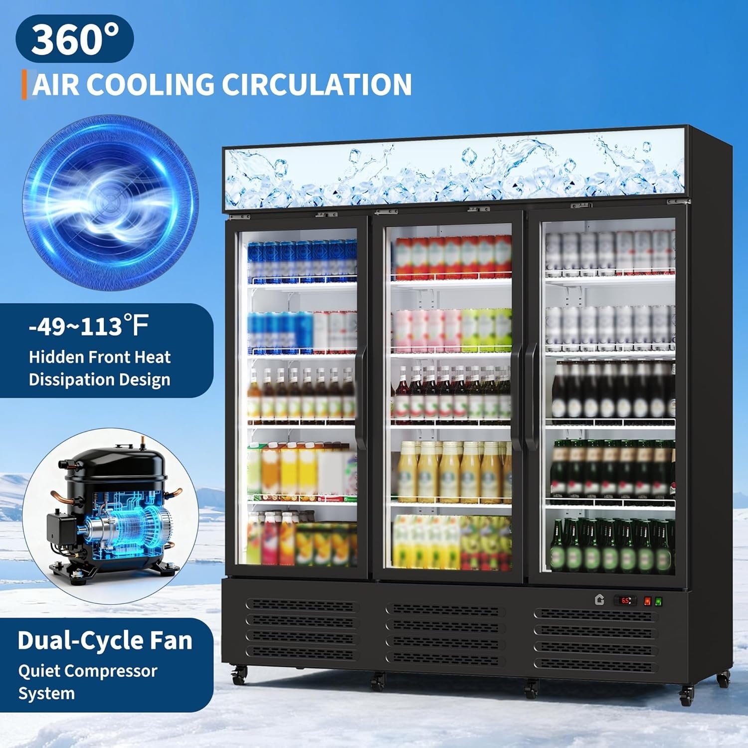 40 Cu.Ft Commercial Beverage Refrigerator, 3 Glass Door Merchandiser Cooler with LED, Shelves for Restaurant Bar