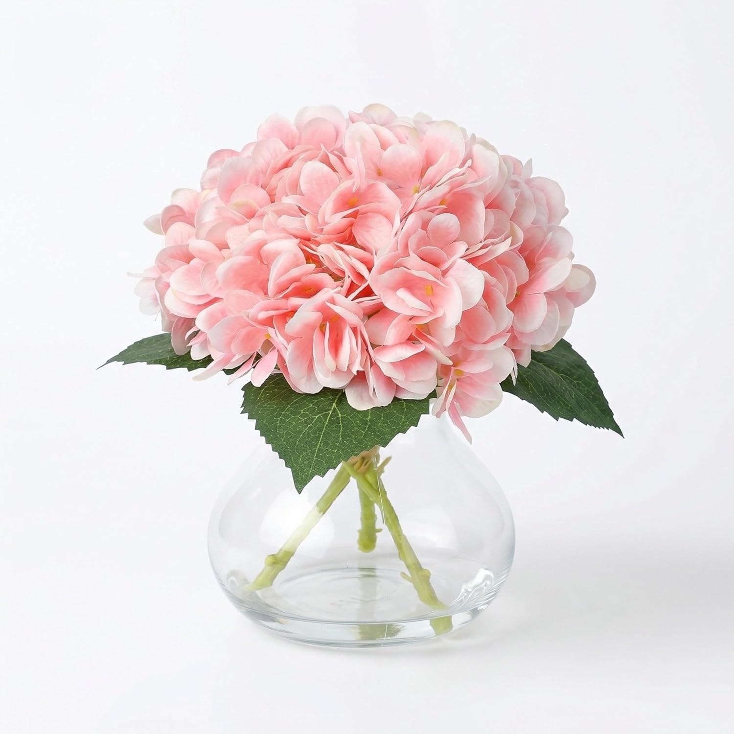 Pink Silk Artificial Hydrangea Arrangement with Glass Vase and Faux Water, Home Wedding Decor