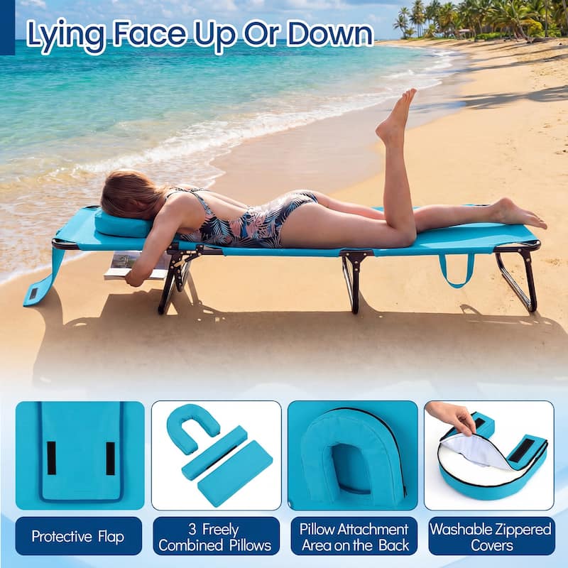 Gymax 2PCS Folding Beach Sun Lounger w/Face Hole Removable Pillows