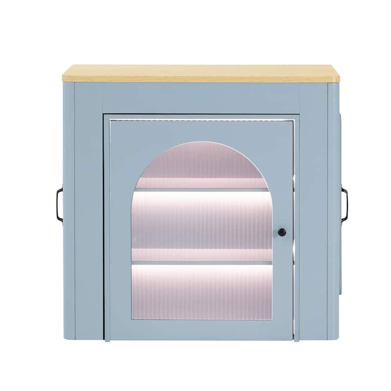 Storage Kitchen Island with Extendable Dining Table on Wheels and 3 Removable Middle Leaves, Power Outlet, Arch Cabinet, Light