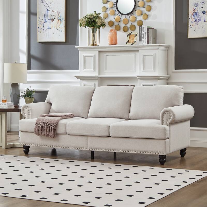 83" Modern Classic Design With Nails Sofa Leather Couch,Upholstered Imitation Cowhide Leather