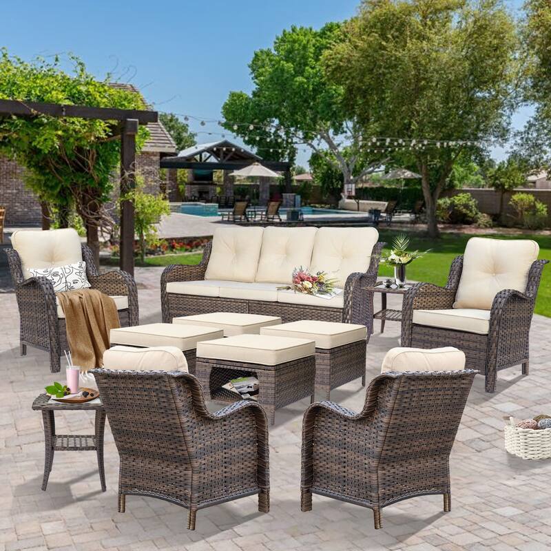 Brown Wicker Outdoor Patio Conversation Seating Sets with Beige Cushions - 11 Piece - Beige