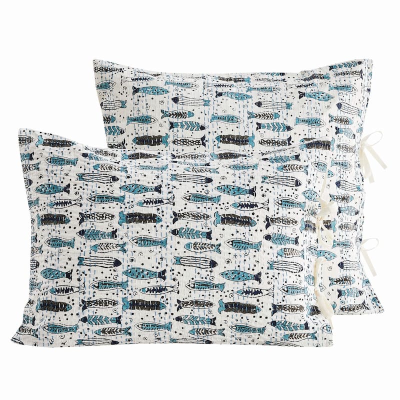 Melange Hand Stitched Kantha Block Print Pillow Sham Pair