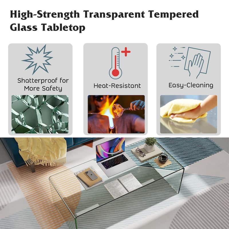 Costway Tempered Glass Coffee Table Accent Cocktail Side Table Living - 42.5"L × 20"W ×14" H