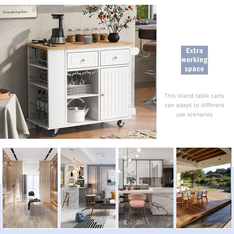 Kitchen Island with Power Outlet 5 Wheels,with Adjustable Storage - White