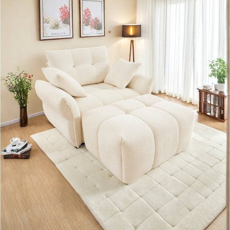 Modular 4-Seat Chenille Sofa Set with 2 Ottomans, High-Resilience Cushions and Solid Wood Frame - 1 Seater with Ottoman White