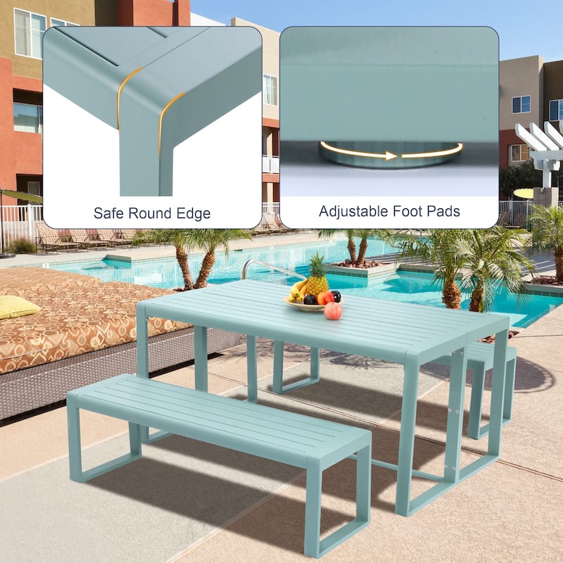 Aoodor 3-Piece Outdoor Patio Dining Set, Aluminum Furniture Set with 1 Rectangular Picnic Table and 2 Benches - N/A
