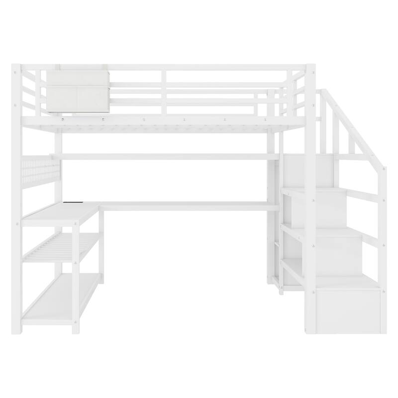 Full Size Metal Loft Bed with Staircase and Wardrobe, Loft Bed Frame with Desk, Storage Shelves, LED Lights and Charge Station