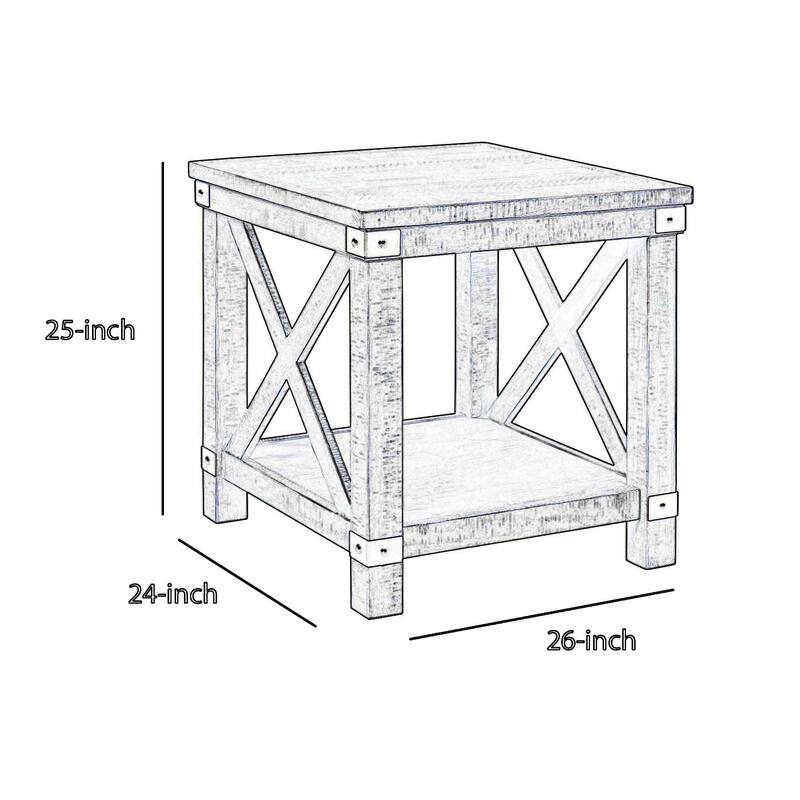 Farmhouse Style End Table with X Shaped Sides and Open Bottom Shelf, Gray